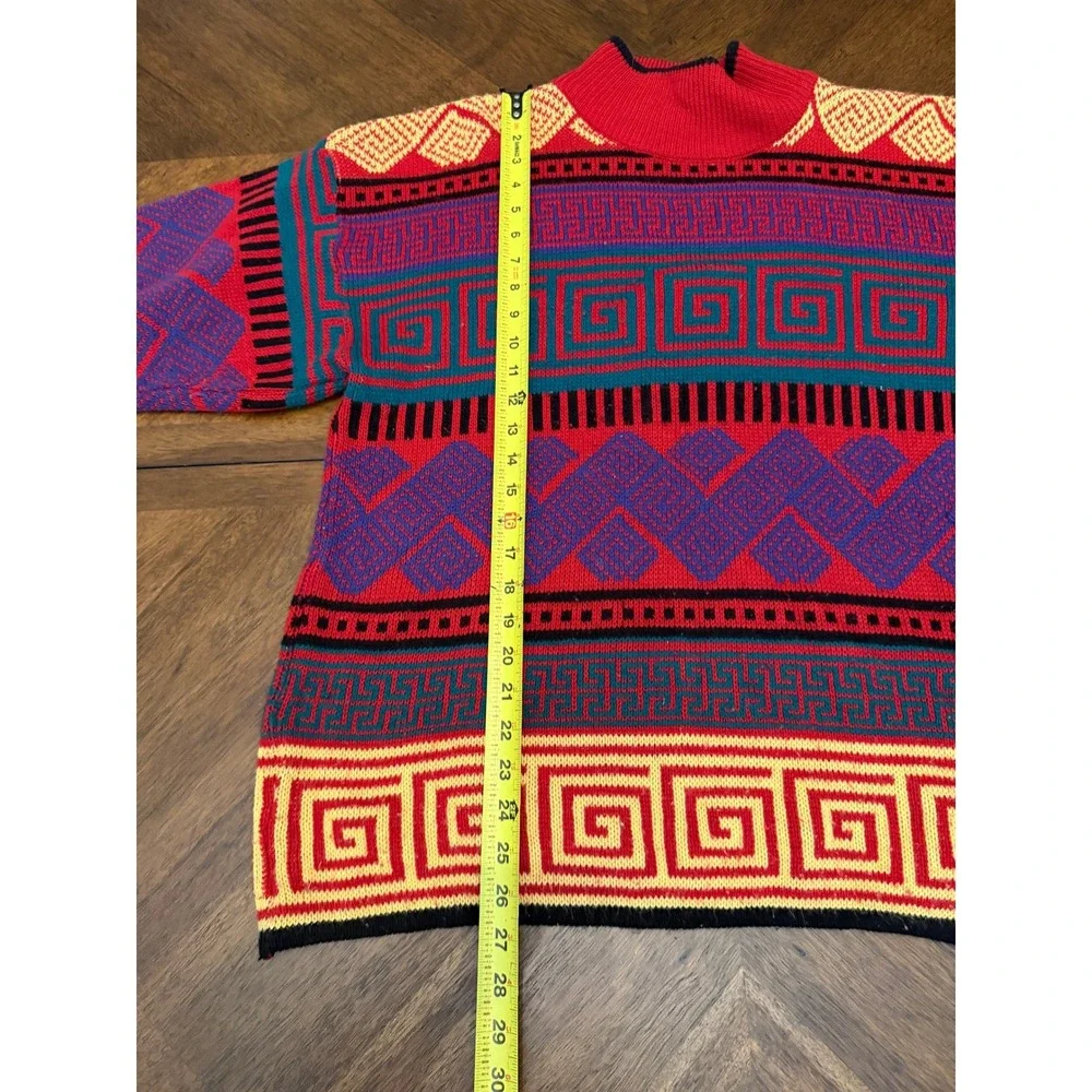 Vintage Michael Carrie Geometric Greek Key Knit Sweater Red Multi Color Mens M